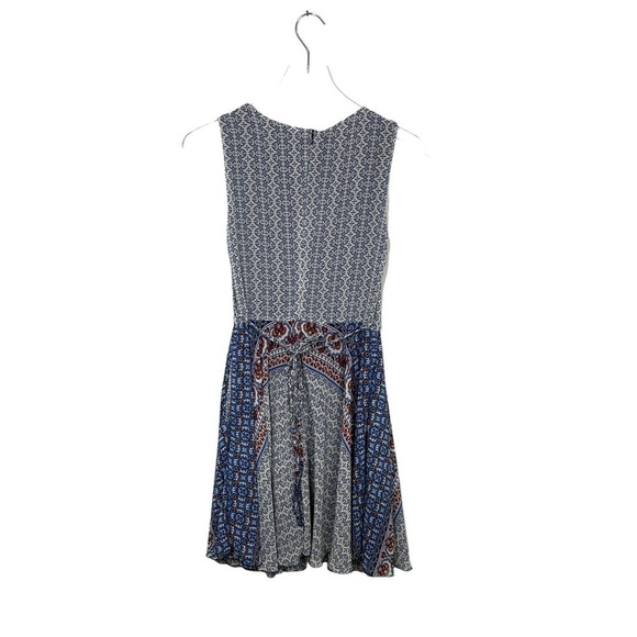 LA Soul Sleeveless Print Lined Dress w/Pockets Waist Tie Blue/Ivory/Red Size S - Picture 6 of 15